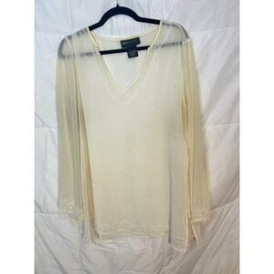 Beth Terrell Beaded V Neck Long‎ Sleeve Sheer Tunic Top Women's Size L